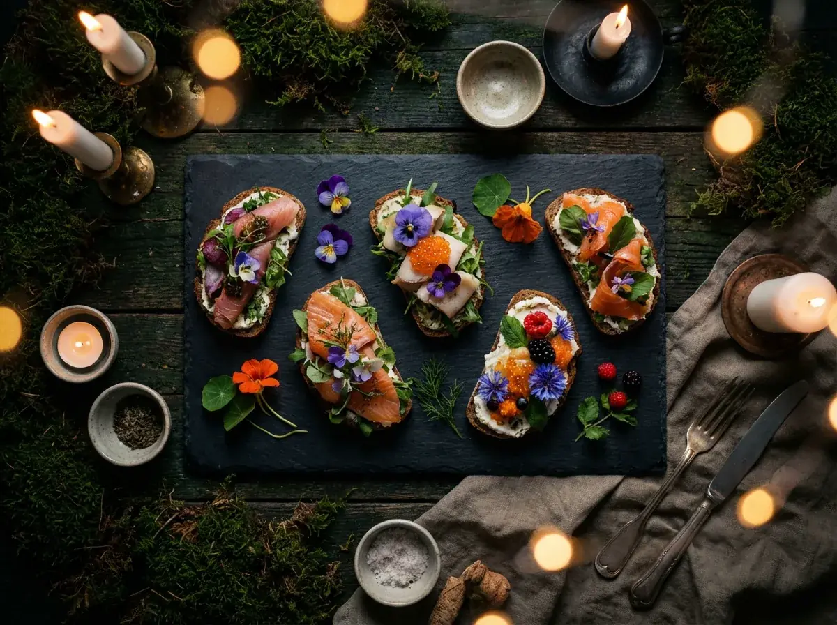 Smørrebrød anrettet på et fad mellem stearinlys på et mørkt træbord.